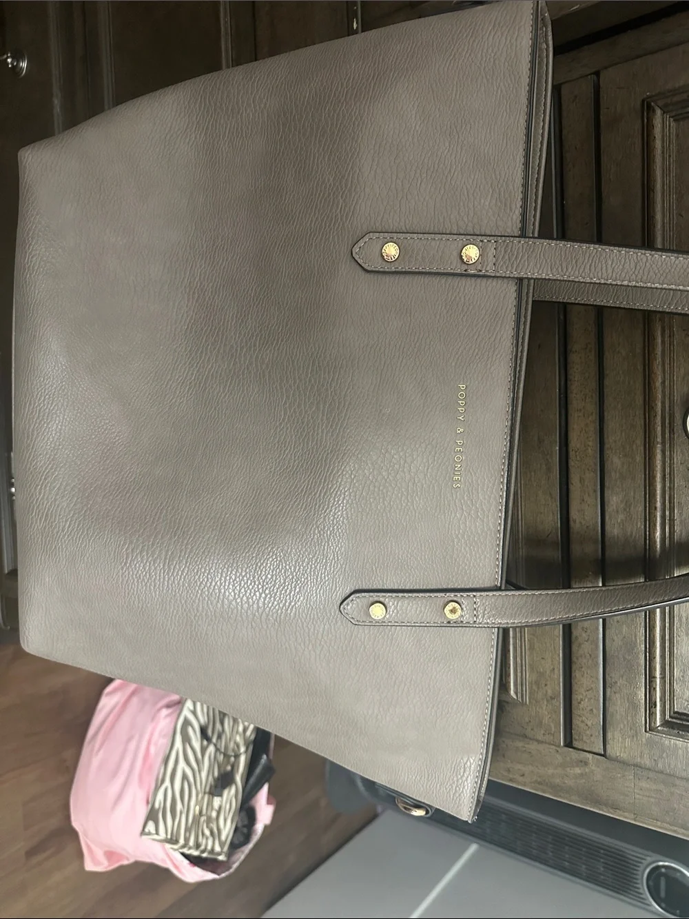 Poppy & Peonies Go-Getter Dark Grey Blush Pink Interior, Tote with Gold Hardware